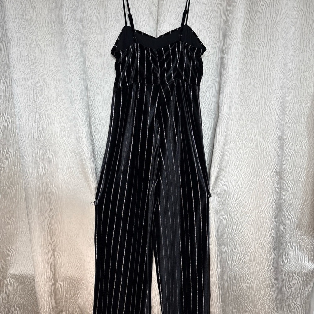 Pink Owl Black Velvet Metallic Striped Wide Leg Women's Jumpsuit-Size L - Picture 2 of 12